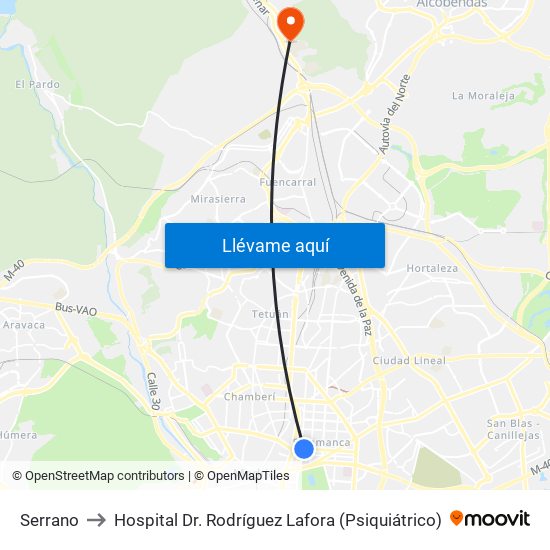 Serrano to Hospital Dr. Rodríguez Lafora (Psiquiátrico) map