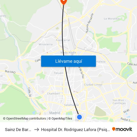 Sainz De Baranda to Hospital Dr. Rodríguez Lafora (Psiquiátrico) map