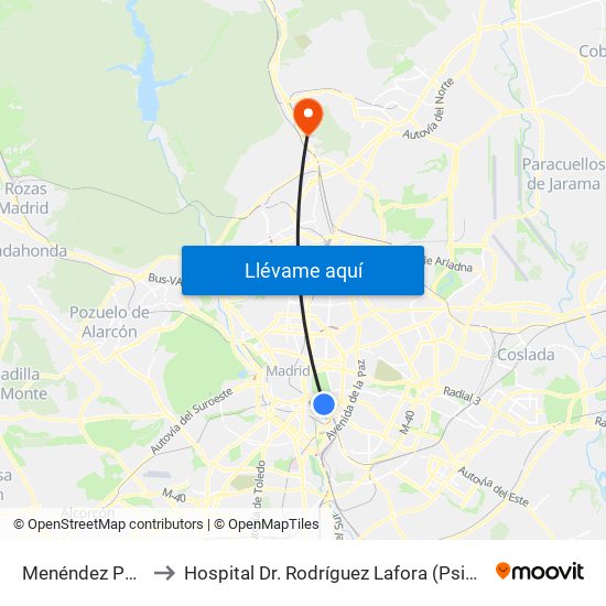 Menéndez Pelayo to Hospital Dr. Rodríguez Lafora (Psiquiátrico) map