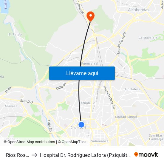 Ríos Rosas to Hospital Dr. Rodríguez Lafora (Psiquiátrico) map