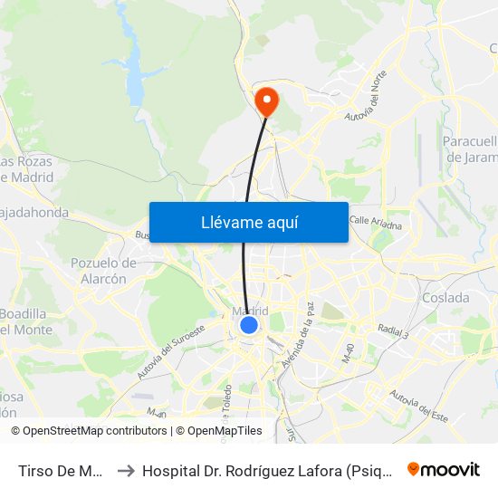 Tirso De Molina to Hospital Dr. Rodríguez Lafora (Psiquiátrico) map