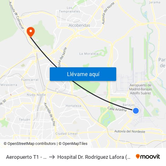 Aeropuerto T1 - T2 - T3 to Hospital Dr. Rodríguez Lafora (Psiquiátrico) map