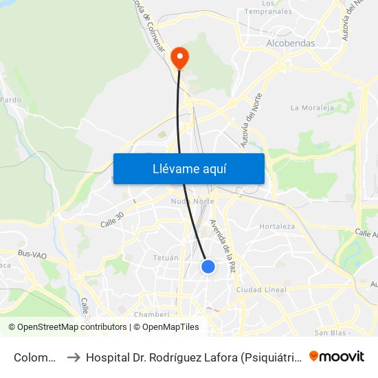 Colombia to Hospital Dr. Rodríguez Lafora (Psiquiátrico) map