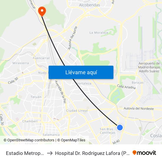 Estadio Metropolitano to Hospital Dr. Rodríguez Lafora (Psiquiátrico) map