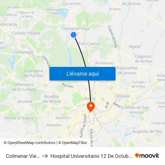 Colmenar Viejo to Hospital Universitario 12 De Octubre. map