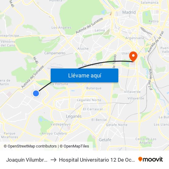 Joaquín Vilumbrales to Hospital Universitario 12 De Octubre. map