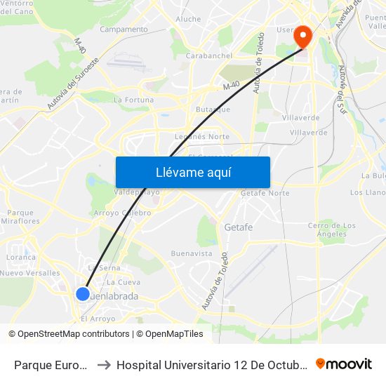 Parque Europa to Hospital Universitario 12 De Octubre. map