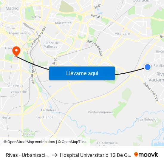 Rivas - Urbanizaciones to Hospital Universitario 12 De Octubre. map