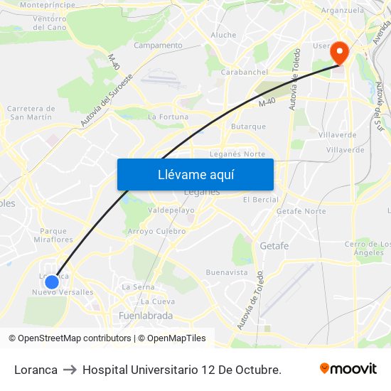 Loranca to Hospital Universitario 12 De Octubre. map