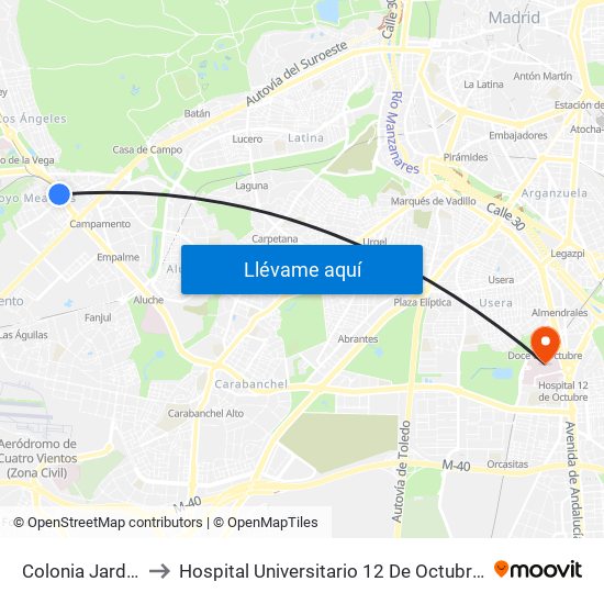 Colonia Jardín to Hospital Universitario 12 De Octubre. map