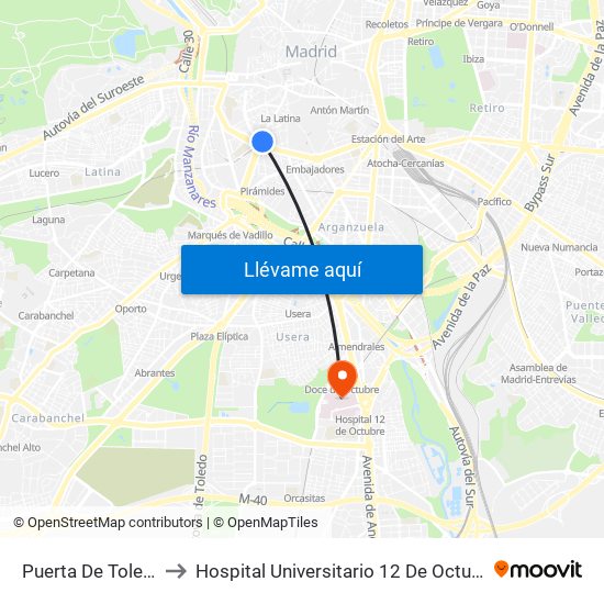 Puerta De Toledo to Hospital Universitario 12 De Octubre. map