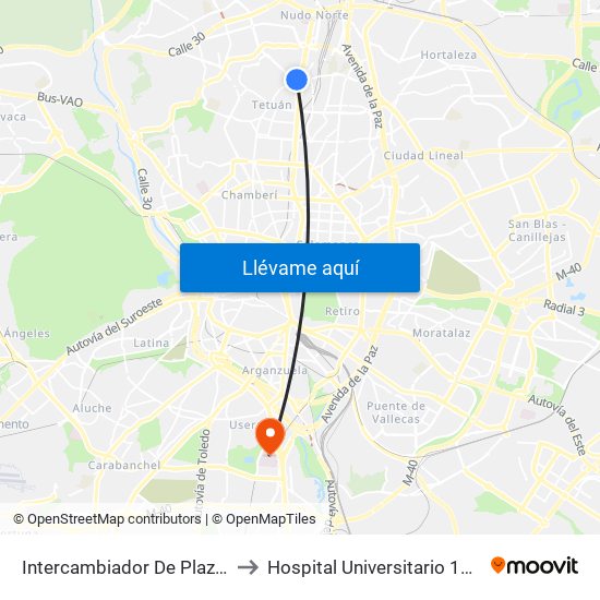 Intercambiador De Plaza De Castilla to Hospital Universitario 12 De Octubre. map