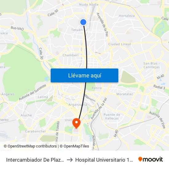 Intercambiador De Plaza De Castilla to Hospital Universitario 12 De Octubre. map