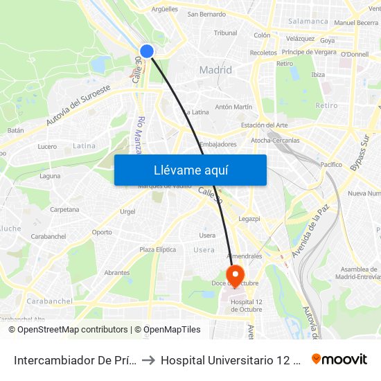 Intercambiador De Príncipe Pío to Hospital Universitario 12 De Octubre. map