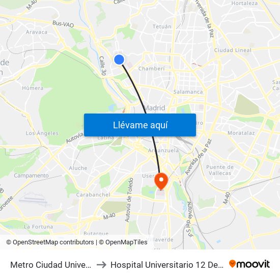 Metro Ciudad Universitaria to Hospital Universitario 12 De Octubre. map