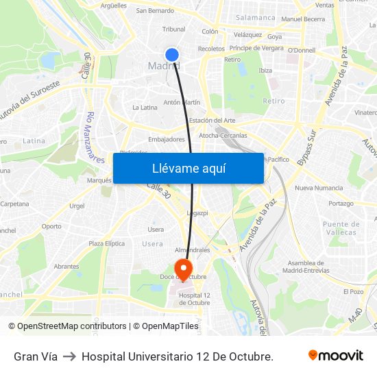 Gran Vía to Hospital Universitario 12 De Octubre. map