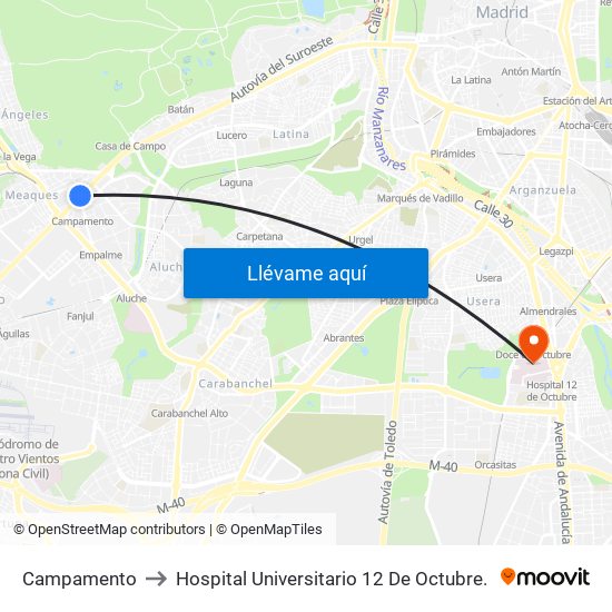 Campamento to Hospital Universitario 12 De Octubre. map