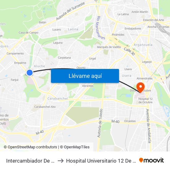 Intercambiador De Aluche to Hospital Universitario 12 De Octubre. map