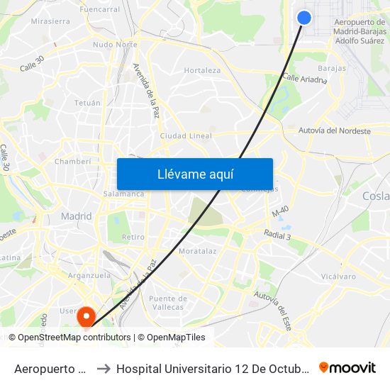 Aeropuerto T4 to Hospital Universitario 12 De Octubre. map