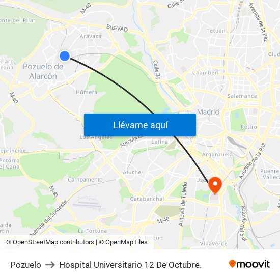 Pozuelo to Hospital Universitario 12 De Octubre. map