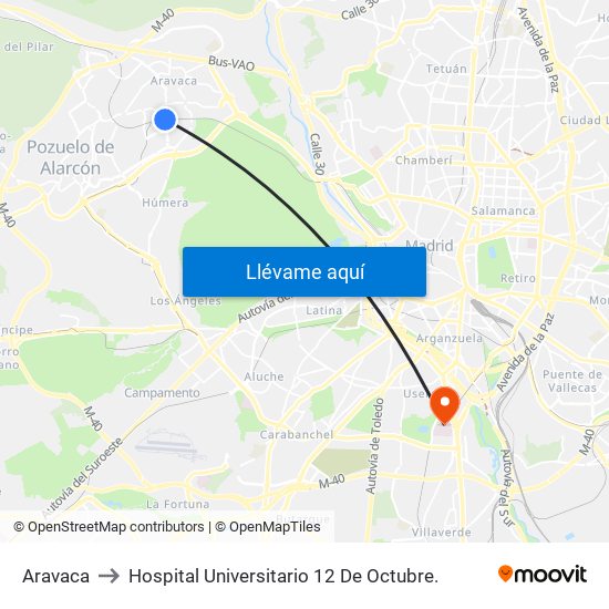 Aravaca to Hospital Universitario 12 De Octubre. map