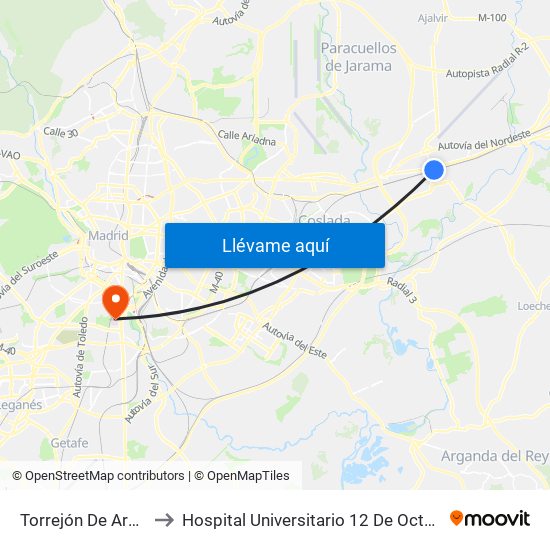 Torrejón De Ardoz to Hospital Universitario 12 De Octubre. map