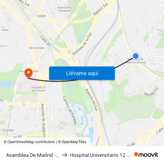 Asamblea De Madrid - Entrevías to Hospital Universitario 12 De Octubre. map