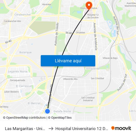 Las Margaritas - Universidad to Hospital Universitario 12 De Octubre. map