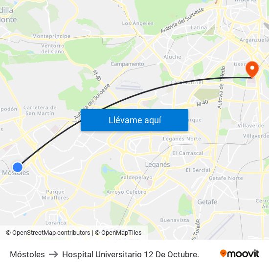 Móstoles to Hospital Universitario 12 De Octubre. map