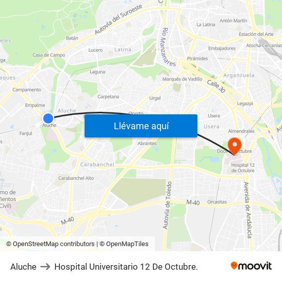 Aluche to Hospital Universitario 12 De Octubre. map