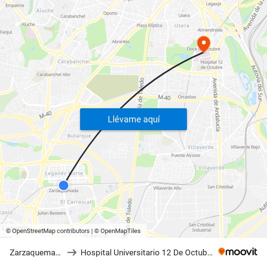 Zarzaquemada to Hospital Universitario 12 De Octubre. map