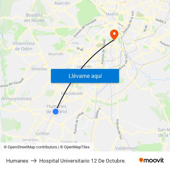 Humanes to Hospital Universitario 12 De Octubre. map