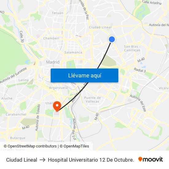 Ciudad Lineal to Hospital Universitario 12 De Octubre. map
