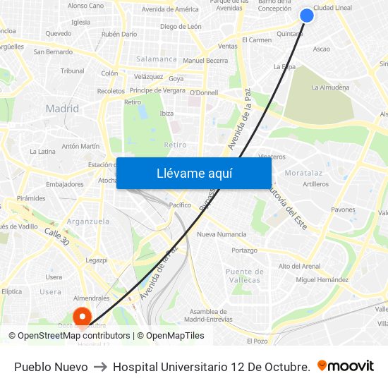 Pueblo Nuevo to Hospital Universitario 12 De Octubre. map