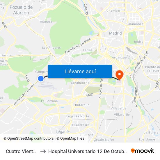 Cuatro Vientos to Hospital Universitario 12 De Octubre. map