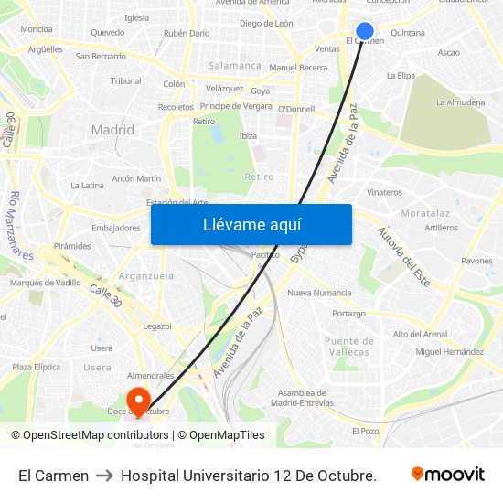 El Carmen to Hospital Universitario 12 De Octubre. map
