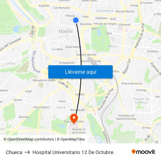 Chueca to Hospital Universitario 12 De Octubre. map