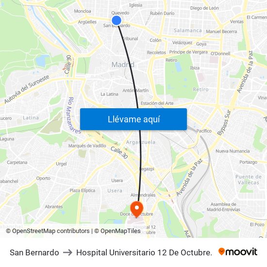 San Bernardo to Hospital Universitario 12 De Octubre. map