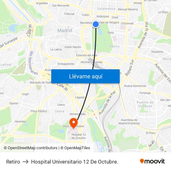 Retiro to Hospital Universitario 12 De Octubre. map