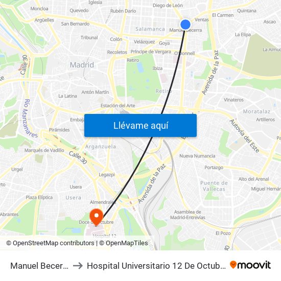 Manuel Becerra to Hospital Universitario 12 De Octubre. map