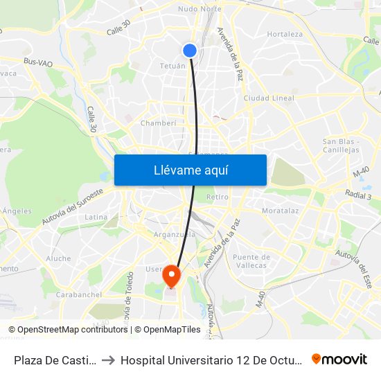 Plaza De Castilla to Hospital Universitario 12 De Octubre. map