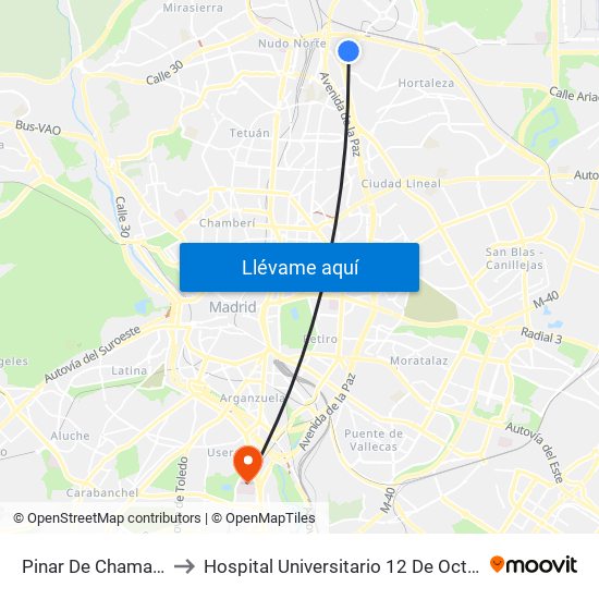 Pinar De Chamartín to Hospital Universitario 12 De Octubre. map