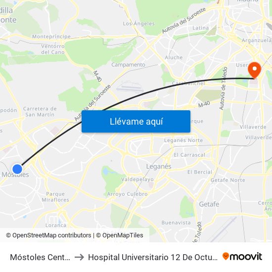 Móstoles Central to Hospital Universitario 12 De Octubre. map