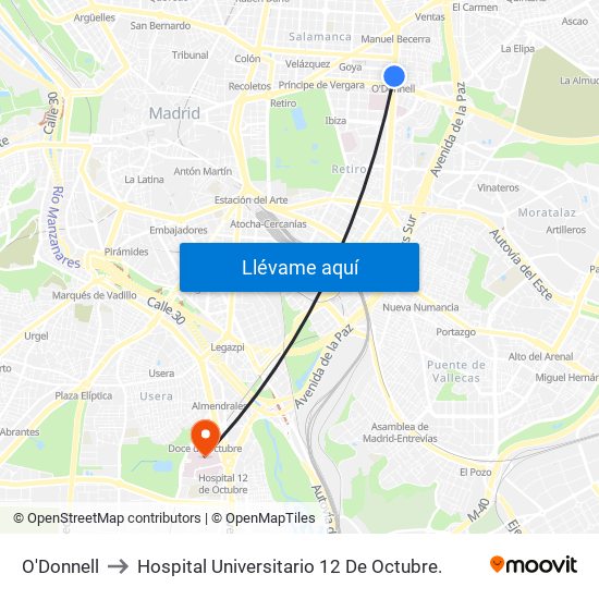 O'Donnell to Hospital Universitario 12 De Octubre. map