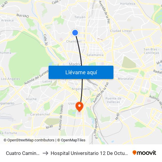 Cuatro Caminos to Hospital Universitario 12 De Octubre. map