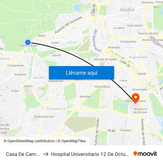 Casa De Campo to Hospital Universitario 12 De Octubre. map