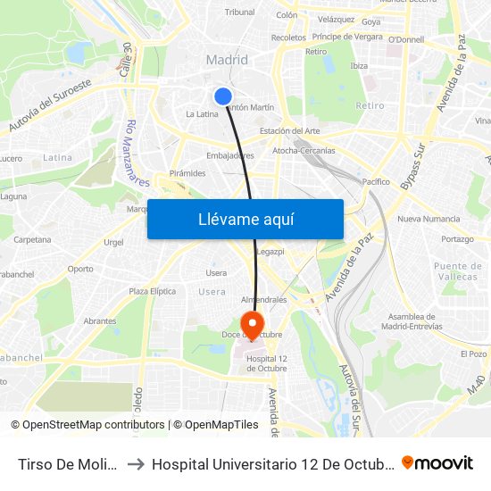 Tirso De Molina to Hospital Universitario 12 De Octubre. map