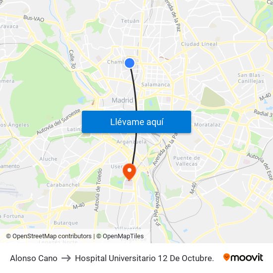 Alonso Cano to Hospital Universitario 12 De Octubre. map