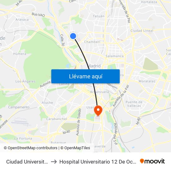 Ciudad Universitaria to Hospital Universitario 12 De Octubre. map