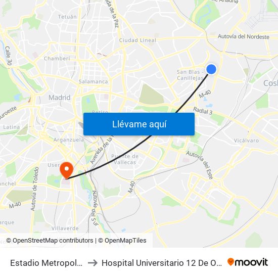 Estadio Metropolitano to Hospital Universitario 12 De Octubre. map